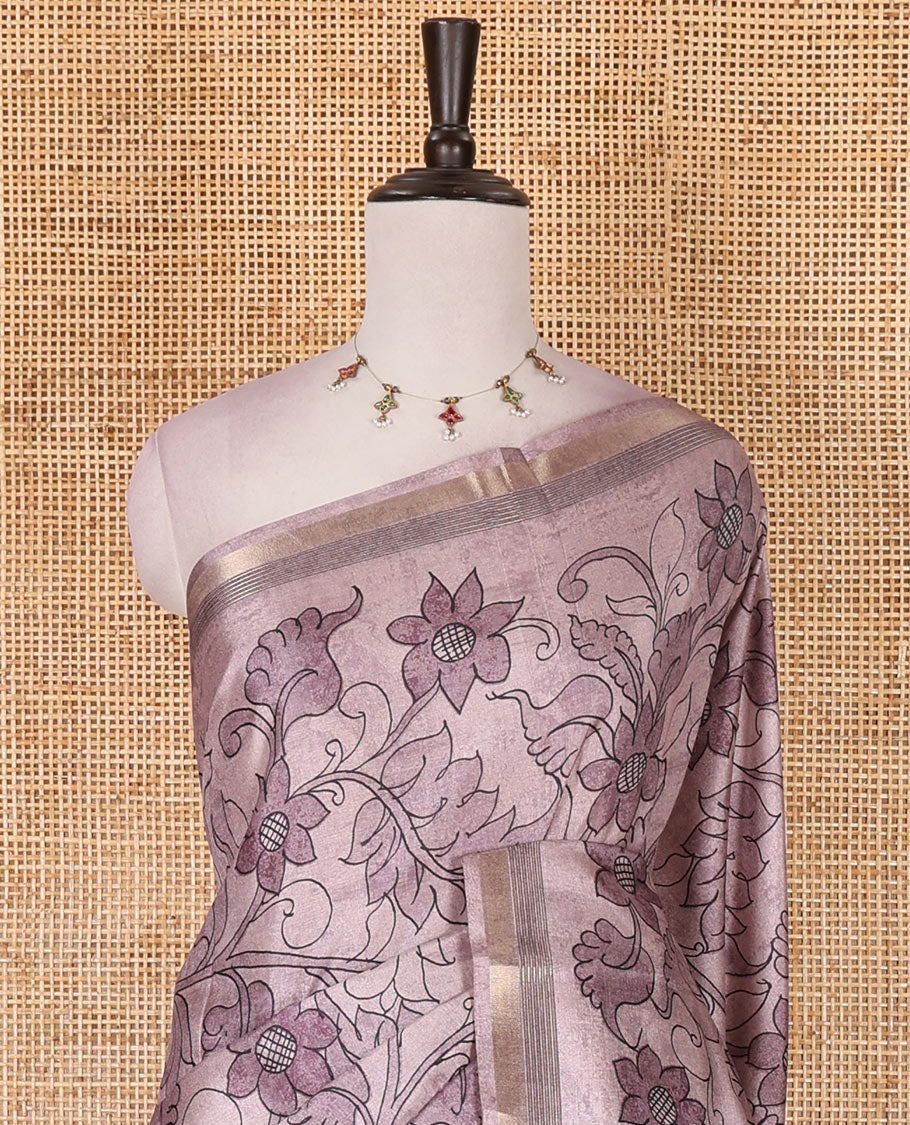 Light violet kalamkari style floral vine printed semi-tussar saree, gold zari piping border, printed pallu, and matching printed blouse