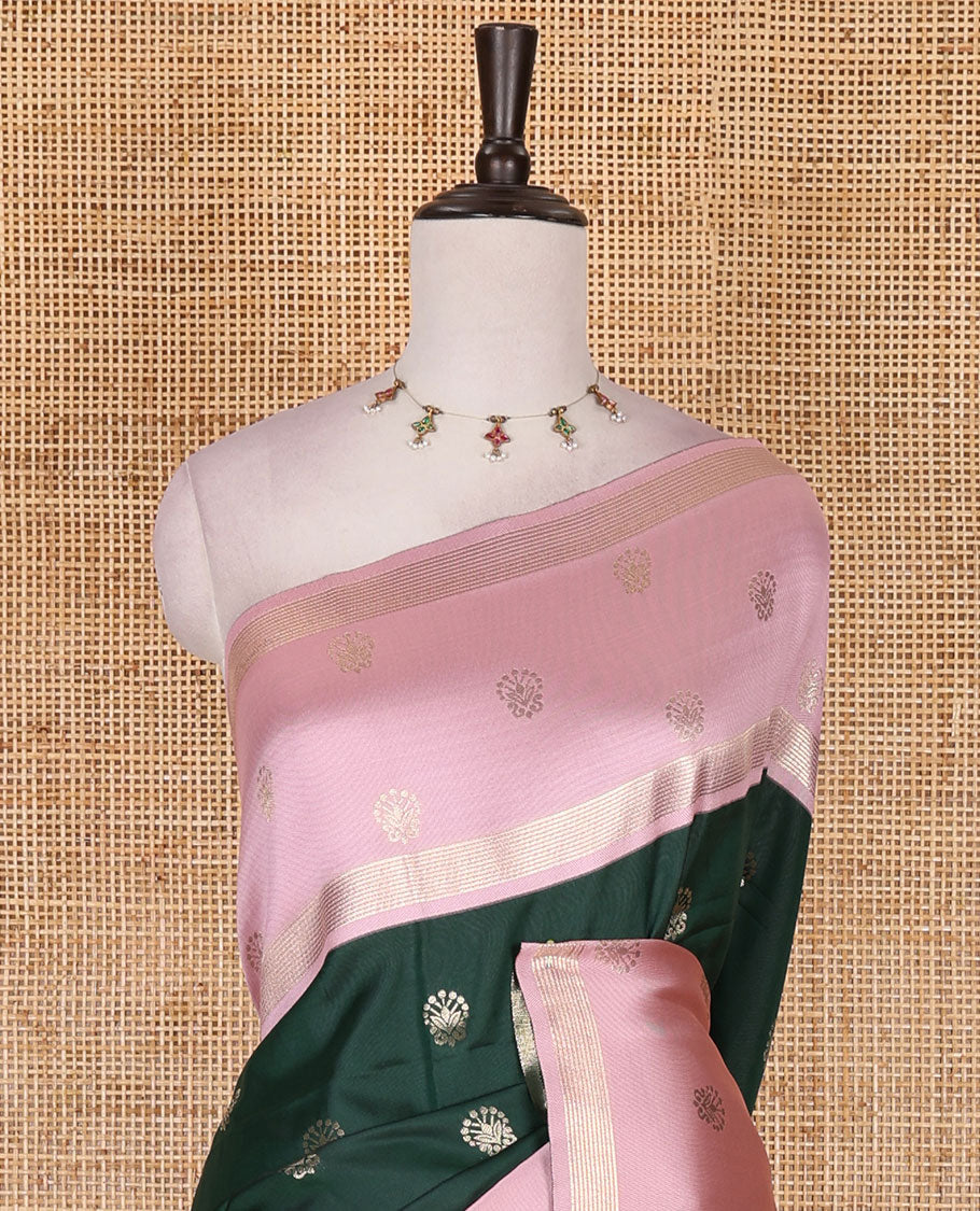 Green zari buttas soft silk saree, contrast zari design border, intricate jaal pallu, and contrast zari design blouse