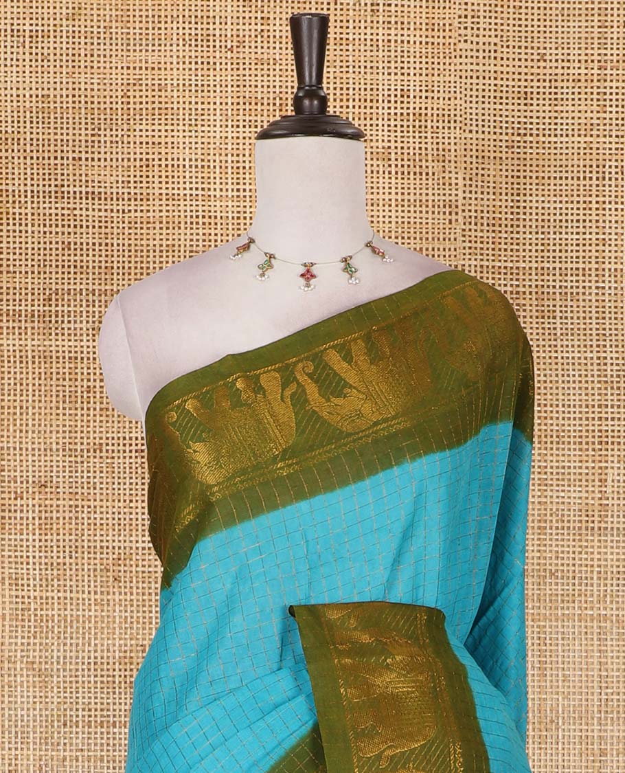 Blue zari checked Sungudi cotton saree, contrast elephant motif border, zari striped pallu, and contrast zari design blouse