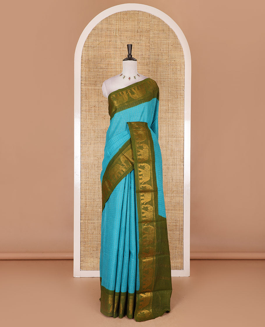 Blue zari checked Sungudi cotton saree, contrast elephant motif border, zari striped pallu, and contrast zari design blouse