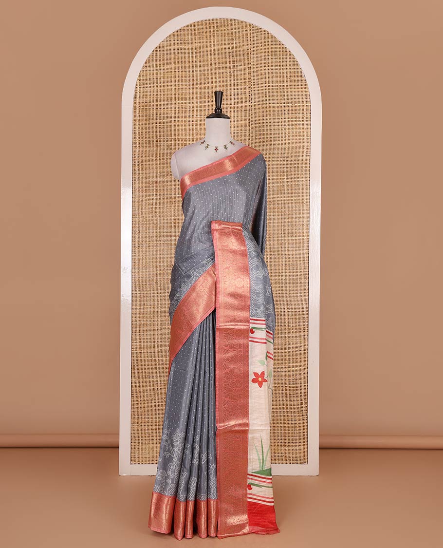 Grey bandhani dotted trees, and deer motifs printed dola silk saree, contrast zari border, pallu of tree, and deer print, and contrast zari design blouse