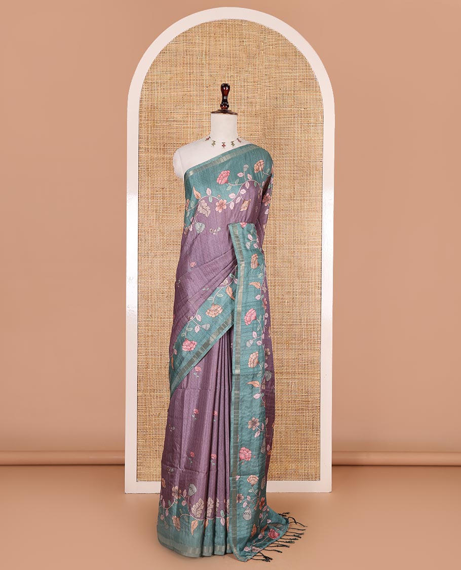 Purple floral motifs printed katan silk saree, contrast scallop floral printed with piping zari border, and contrast buttas blouse