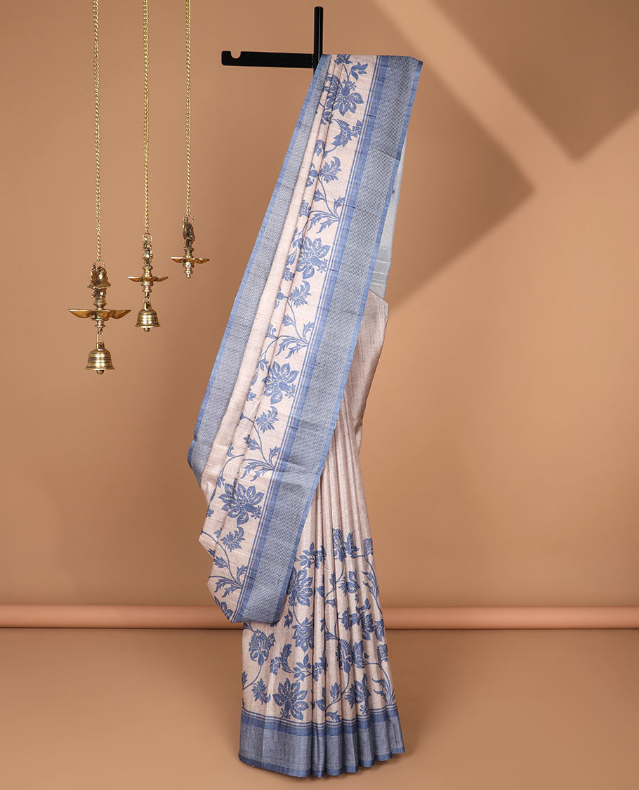 Cream floral design semi tussar saree with viscose sitch border & viscose pallu along with viscose, lining blouse