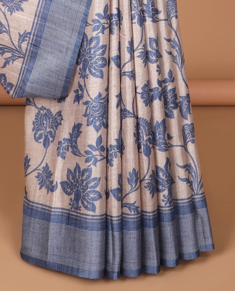 Cream floral design semi tussar saree with viscose sitch border & viscose pallu along with viscose, lining blouse