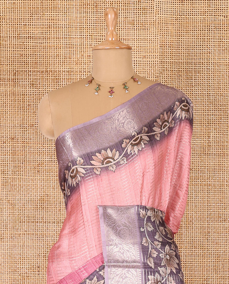 Pink tri-ombre colored zari stripes, and floral vine printed semi-tussar saree, contrast floral creeper zari border, kalamkari peacock printed pallu, and a contrast blouse of zari work and print