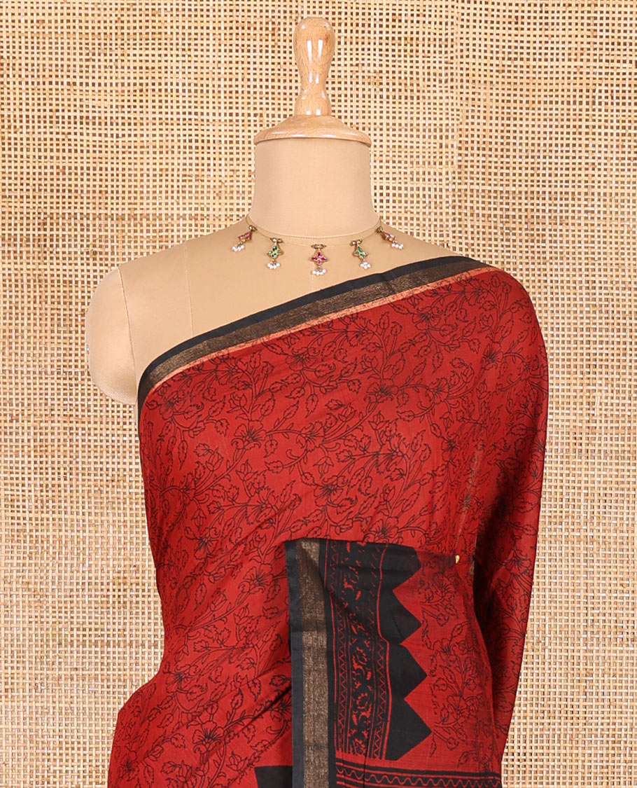 Red floral vine hand block printed Chanderi cotton saree with temple border of print, and piping zari work, printed pallu, and a zig-zag striped blouse