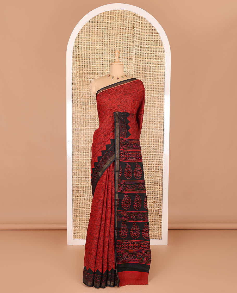 Red floral vine hand block printed Chanderi cotton saree with temple border of print, and piping zari work, printed pallu, and a zig-zag striped blouse