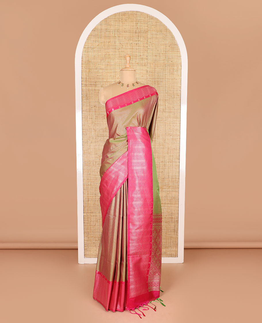 Olive green small zari buttas woven elite soft silk saree, contrast zari woven scallop satin border, jaal pallu, and a contrast chakram zari motifs blouse