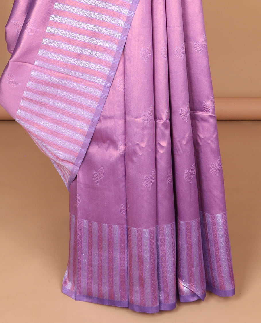 Violet with pink double leaf weaving design semi tissue soft silk saree, zari aero mark style weaving border & weraving rich pallu along with small zari butta blouse