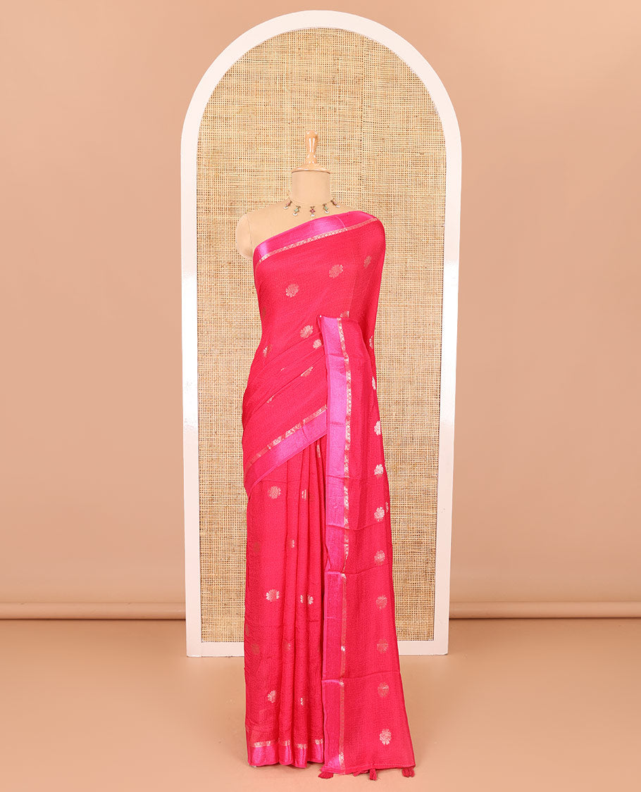 Rani pink floral zari buttas viscose khadi silk saree, traditional zari satin border, floral zari buttas woven pallu, and a matching zari design blouse