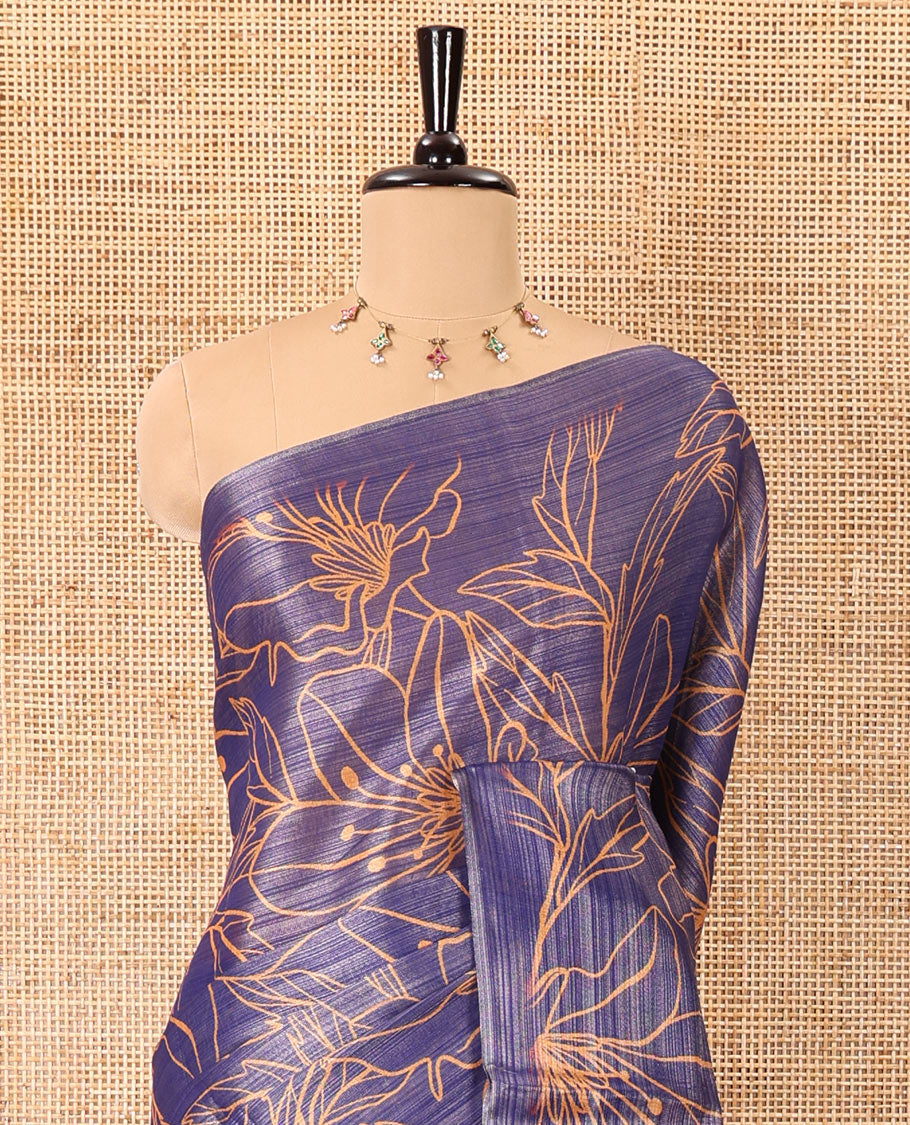 Borderless violet floral motifs printed tissue silk saree with floral printed pallu, and a contrast plain blouse