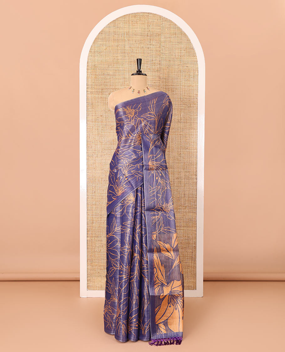 Borderless violet floral motifs printed tissue silk saree with floral printed pallu, and a contrast plain blouse