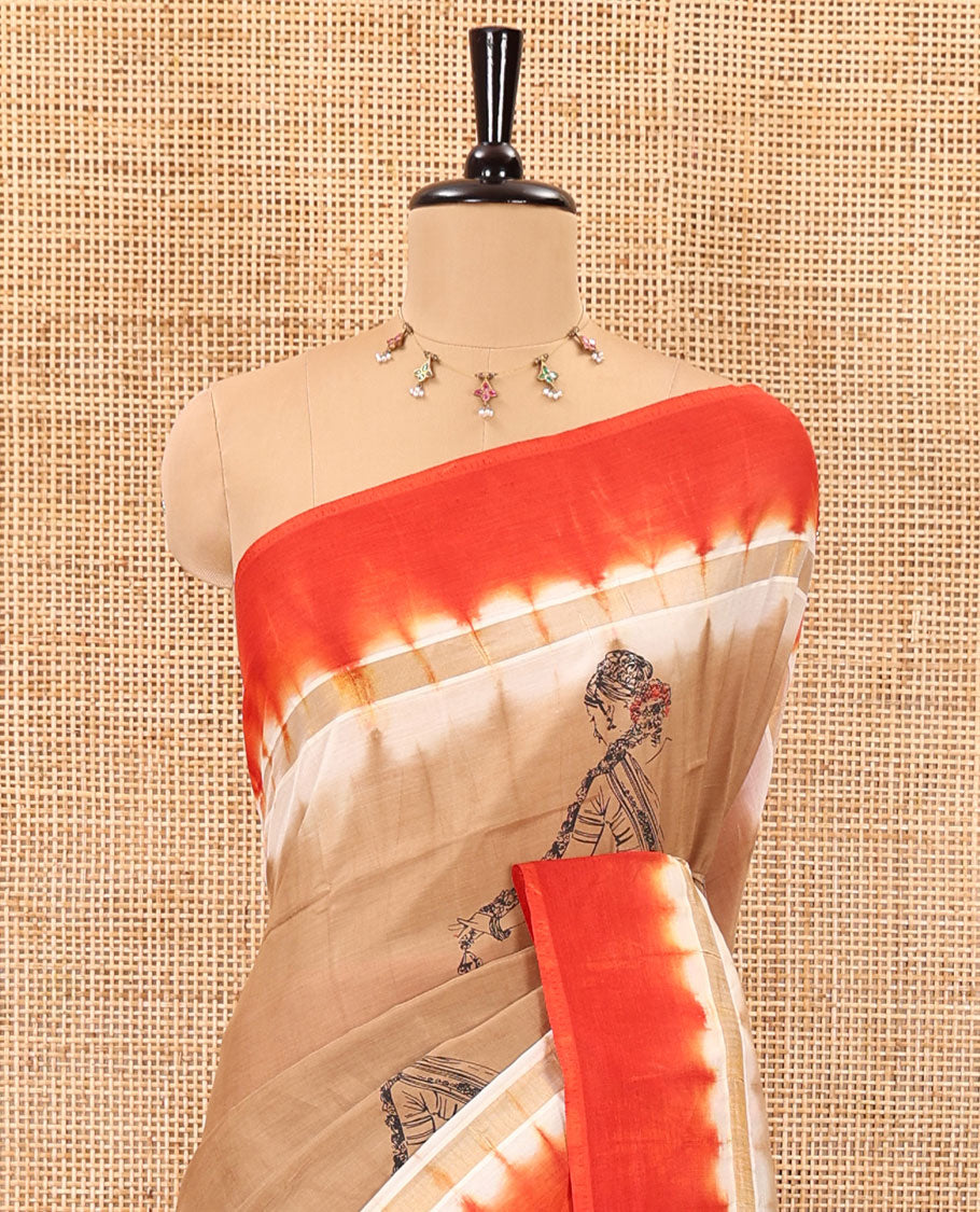 Brown Authentic South Indian women motifs printed chennur silk saree, contrast plain border, printed pallu, and a contrast plain blouse