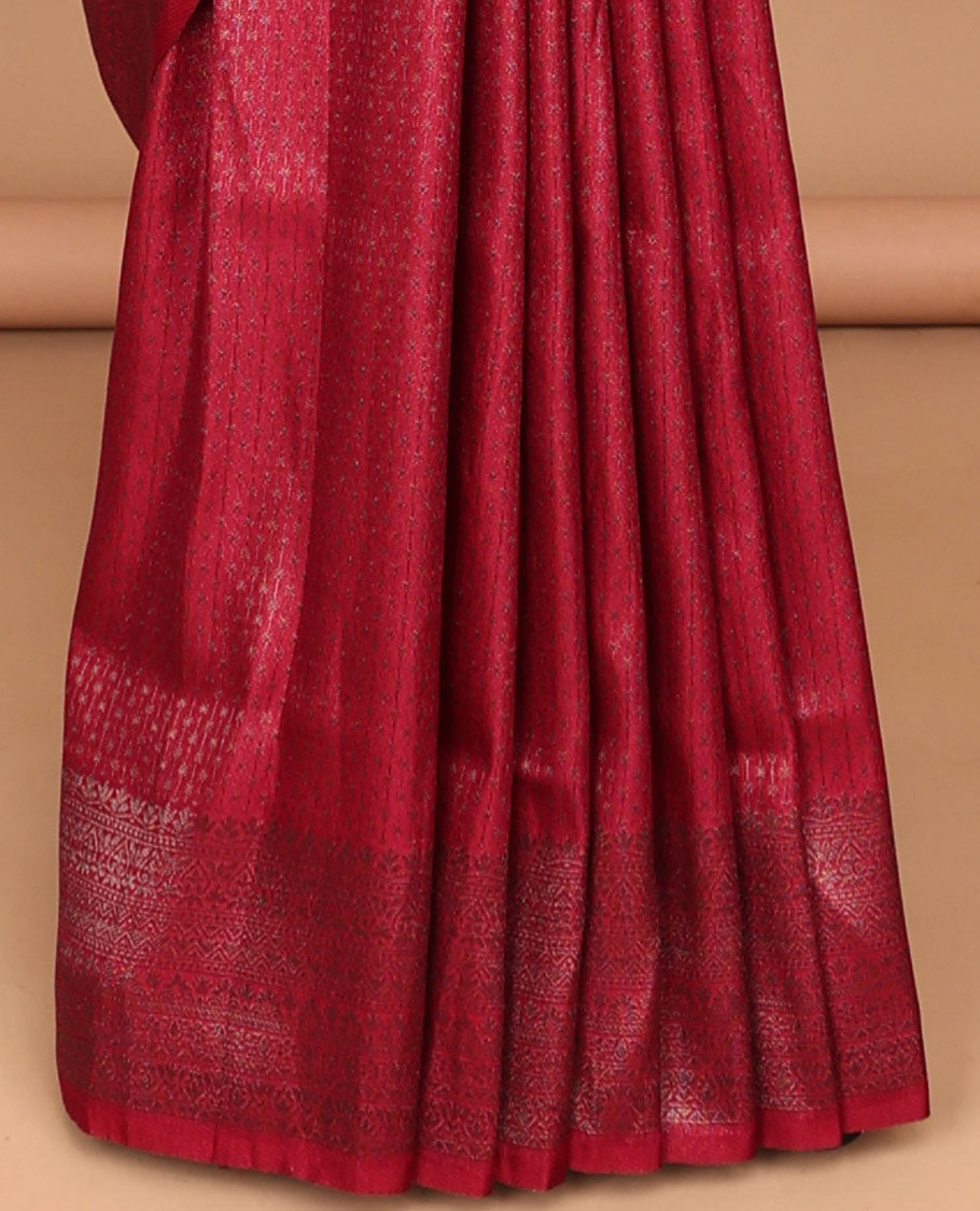 Maroon antique zari weaving softy silk saree with antique zari border & small zari butta blouse