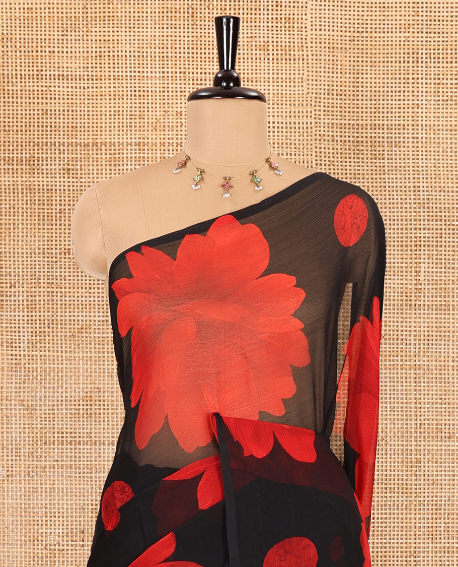 Borderless black and red floral motifs printed lightweight chiffon saree, floral printed pallu, and without blouse