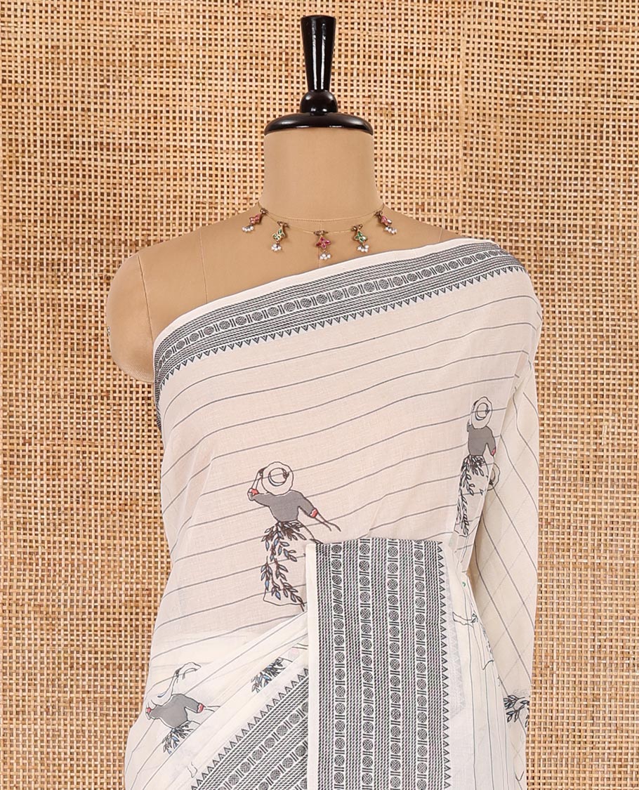 Cream-black horizontal striped and girl motifs printed Mangalagiri cotton saree, traditional motifs woven border, printed pallu, and a contrast blouse