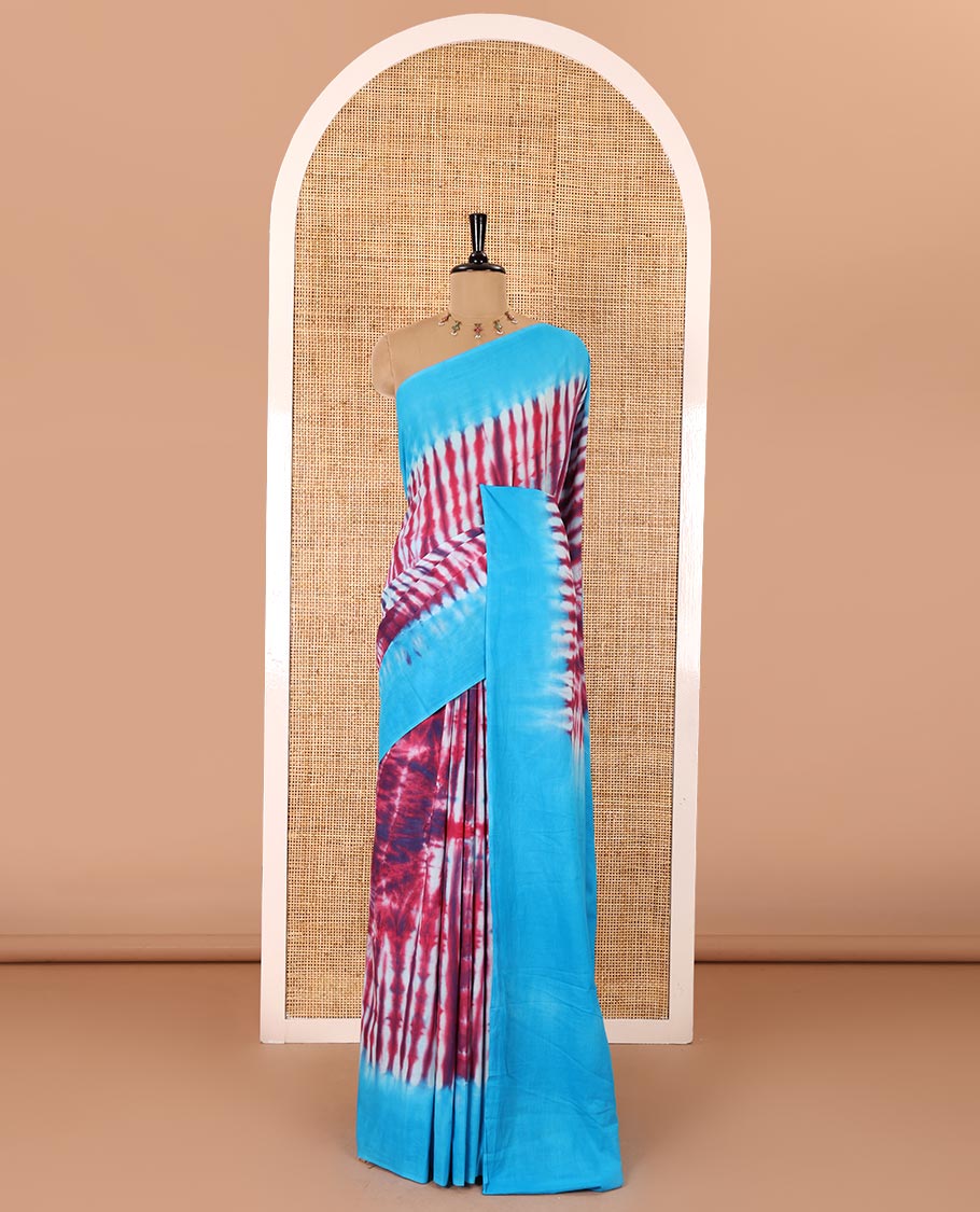 Pink shibori printed pure cotton saree, contrast plain border, plain pallu, and contrast plain blouse