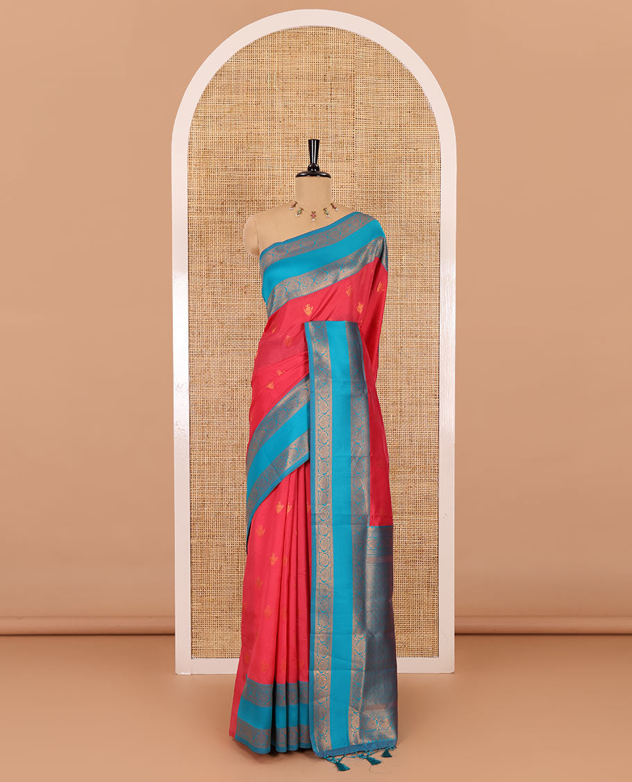 Pink copper zari buttas elite soft silk saree , contrast zari weaving border , contrast brocade rich pallu with tussels , and contrast brocade blouse