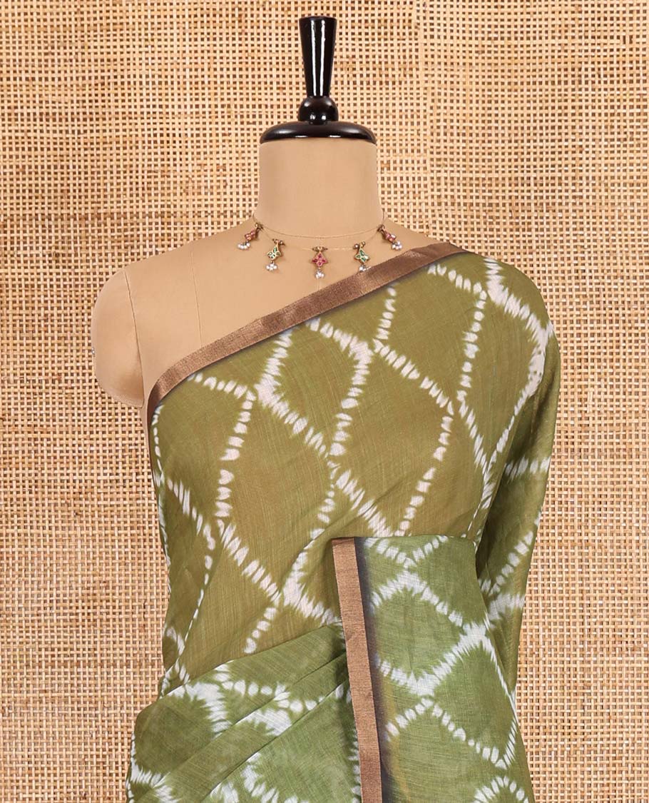 Olive argyle shibori printed linen cotton saree, contrast border, kalamkari floral vine printed pallu, and a contrast kalamkari printed blouse