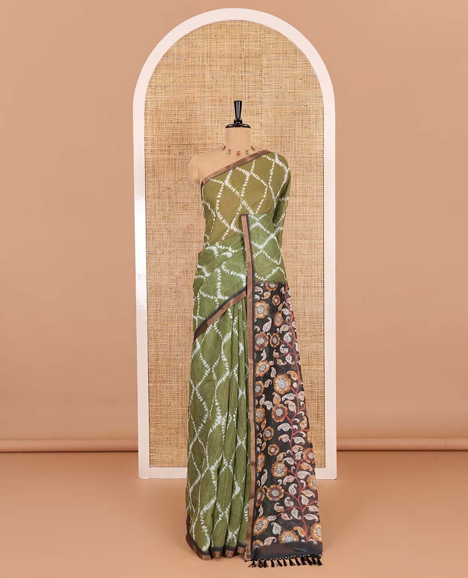 Olive argyle shibori printed linen cotton saree, contrast border, kalamkari floral vine printed pallu, and a contrast kalamkari printed blouse