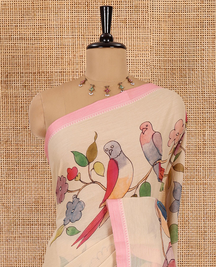 Chikku-pink macow parrot and floral printed Mangalgiri cotton saree, contrast thread traditional border, astriped pallu, and floral-stripes printed blouse