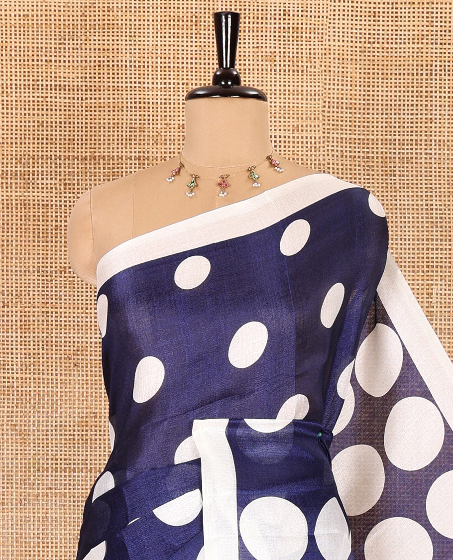 Borderless cream-navy blue polka dots printed art khadi cotton saree, pallu of big and small coin-size polka dots print, and a small dots printed blouse