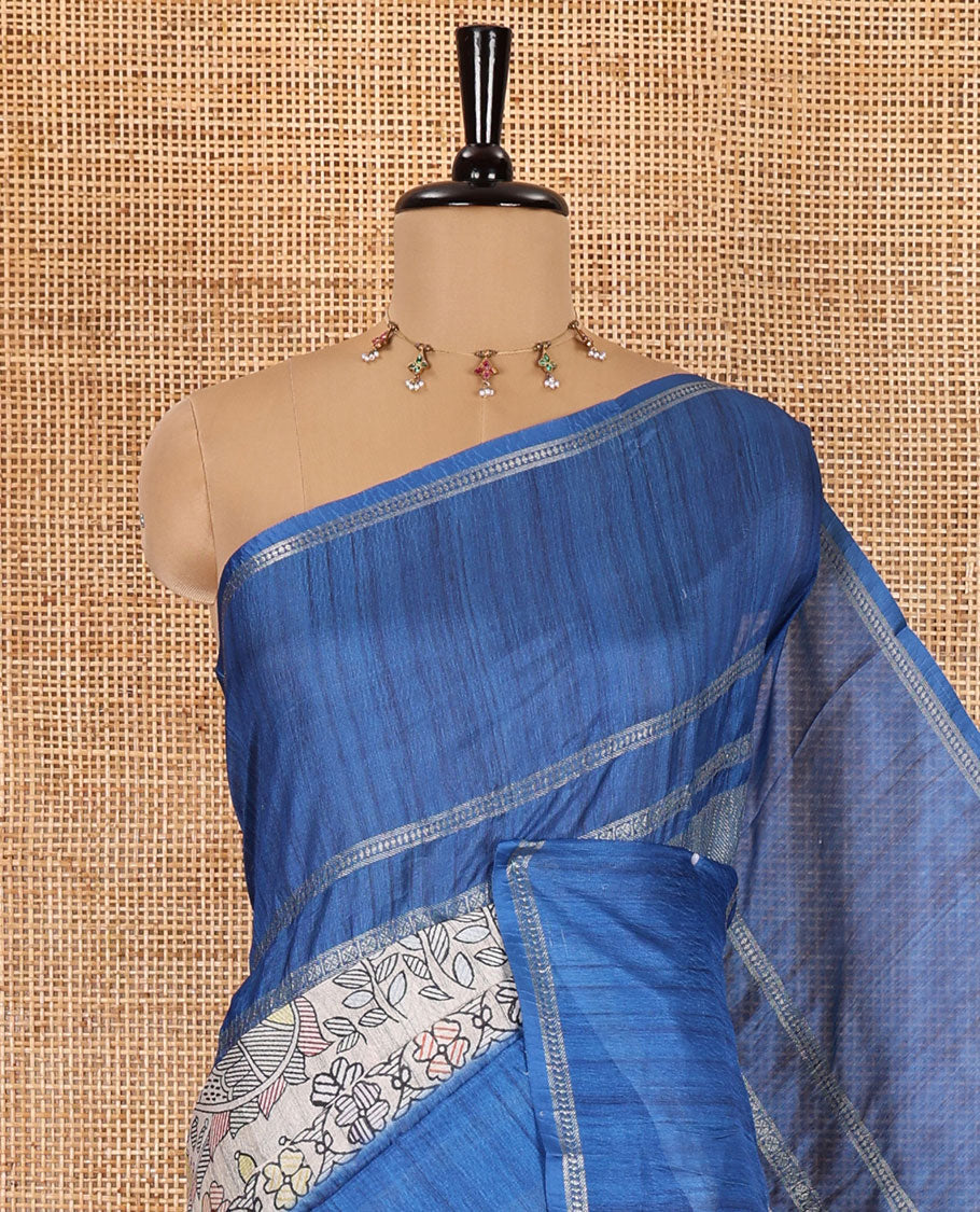 Blue Madhubani flora-peacock motifs printed moss crush saree, double-sided zari border, Madhubani village printed pallu, and a buttas printed blouse