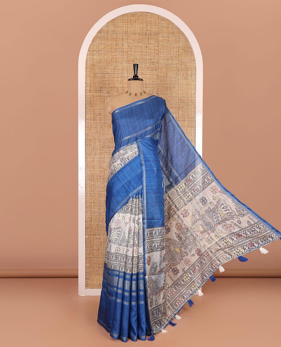 Blue Madhubani flora-peacock motifs printed moss crush saree, double-sided zari border, Madhubani village printed pallu, and a buttas printed blouse