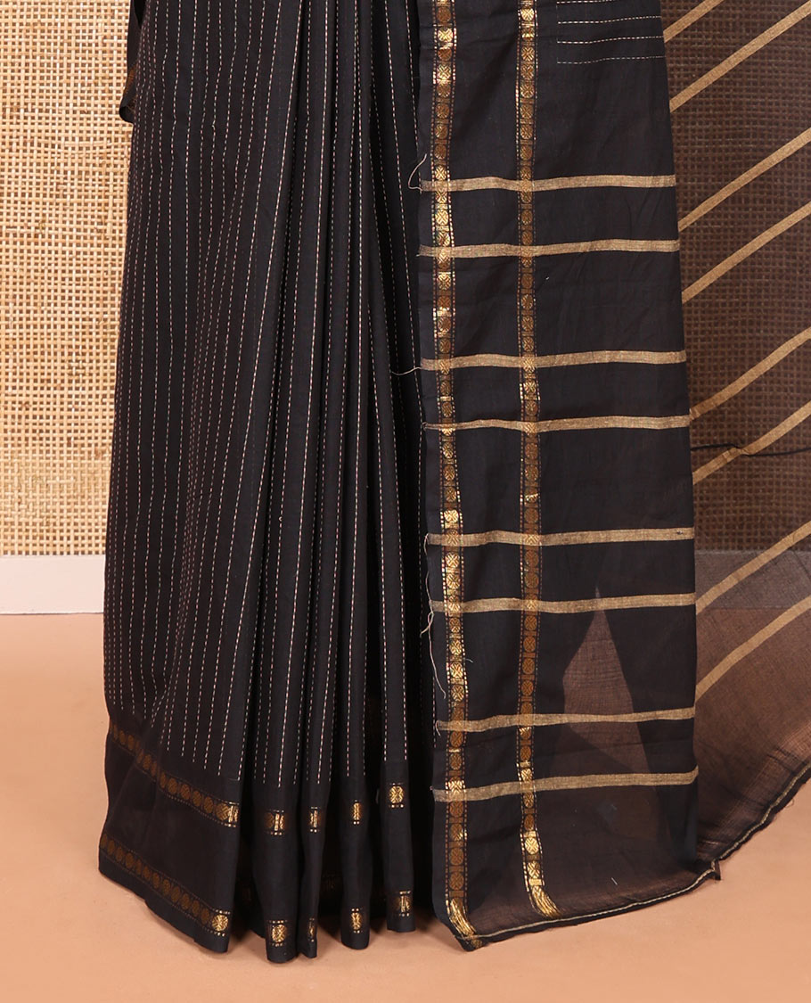 Black striped chettinad cotton saree with rudraksham gold zari weaving border and lining chit pallu