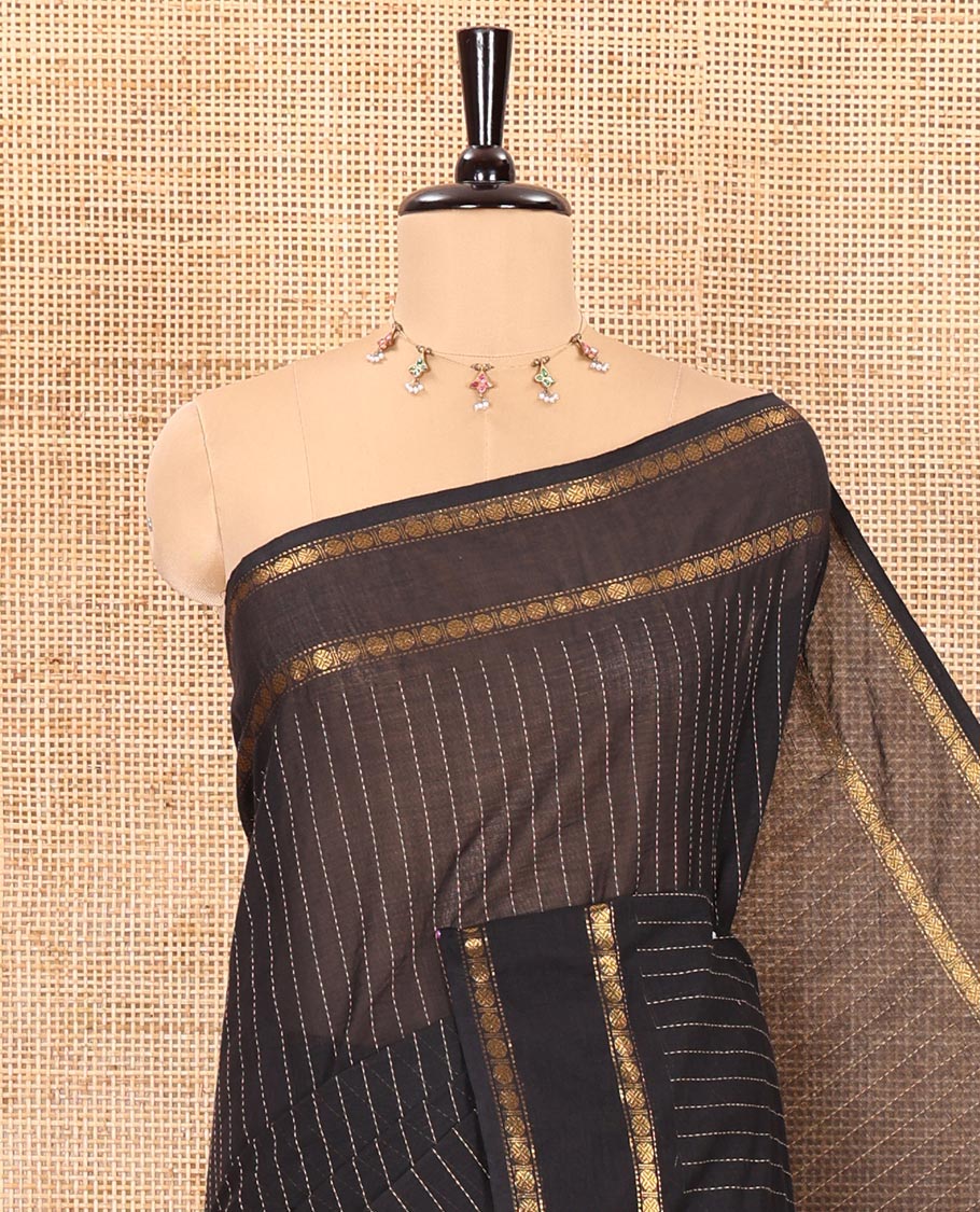 Black striped chettinad cotton saree with rudraksham gold zari weaving border and lining chit pallu