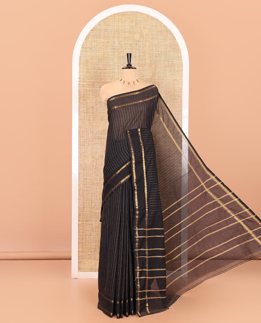 Black striped chettinad cotton saree with rudraksham gold zari weaving border and lining chit pallu
