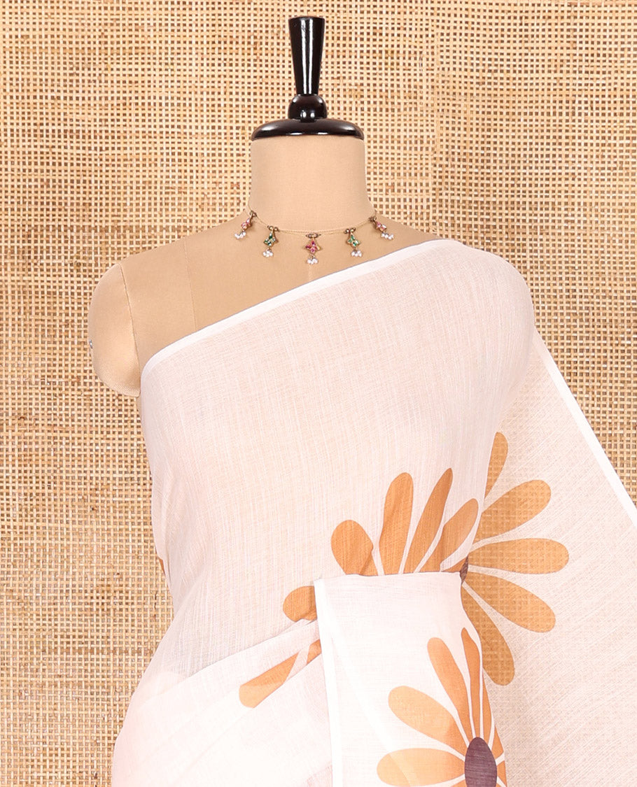Borderless Peach Linen Saree Beautified with Big Daisy Flower Motifs Printed All Over the Body and Pallu, Complemented by a Contrast Blouse Printed with Daisy Flower Motifs