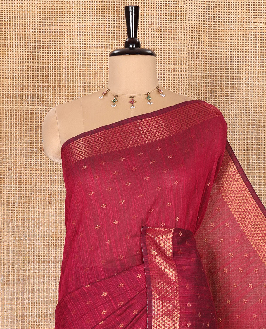 Purple Khadi Mul Cotton Saree Beautified with Plus-Shaped Zari Buttas Across Its Body, Featuring a Subtle Zari Border Adorned with Triangle Motifs, a Tissue Pallu, and Complemented by a Running Blouse