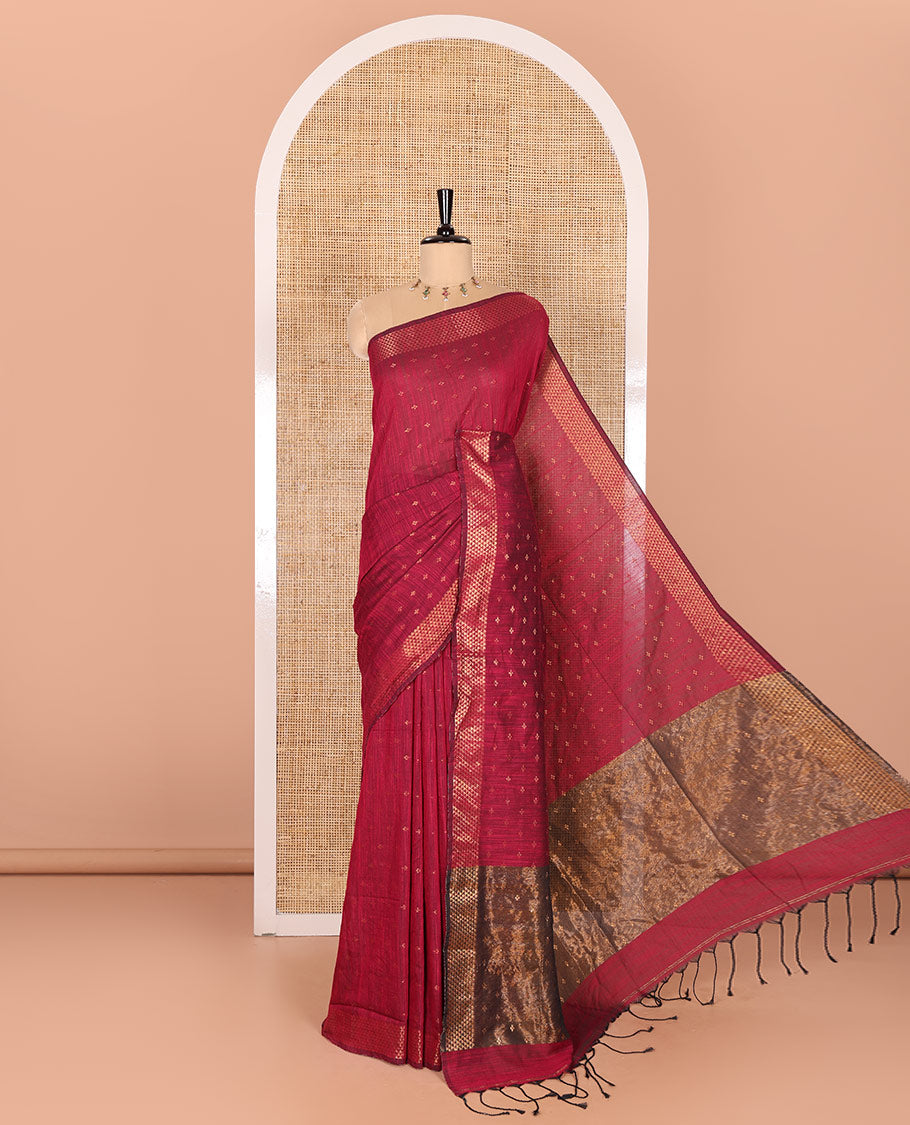 Purple Khadi Mul Cotton Saree Beautified with Plus-Shaped Zari Buttas Across Its Body, Featuring a Subtle Zari Border Adorned with Triangle Motifs, a Tissue Pallu, and Complemented by a Running Blouse