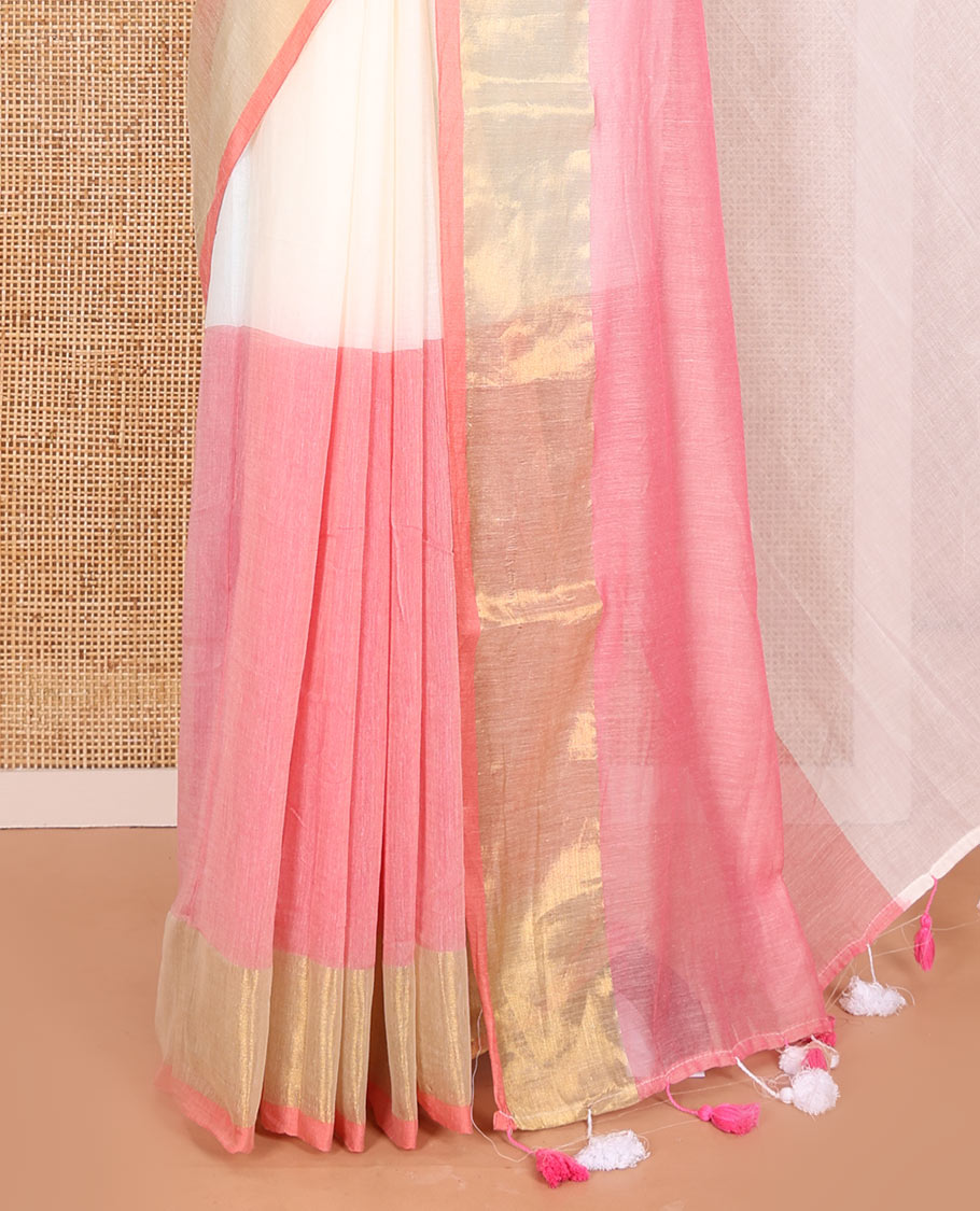 Cream and Pink Plain Khadi Mul Cotton Saree Features a Gleaming Zari Bavanji Border, and a Contrast Pink Plain Blouse