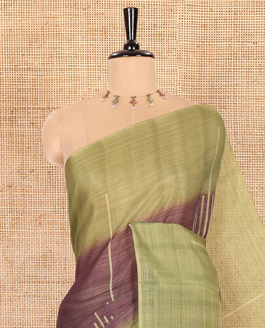 Brown and Olive Green Linen Saree Elegantly Printed with Geometric Patterns Across Its Body, Featuring a Captivating Contrast Border, Pallu Decked Up with Geometric Print, and Paired with a Contrast Blouse