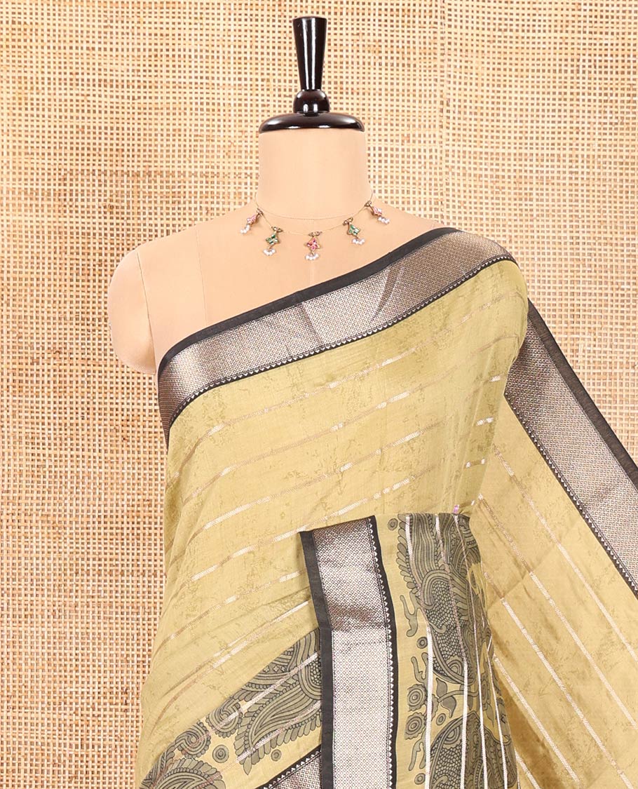 Green Assam Cotton Saree Accentulated with Horizontal Zari Stripes and Kalamkari Peacock Print, Complemented by a Contrast Traditional Zari Design Border, Gleaming Zari Woven Pallu, and a Contrast Zari Design Blouse