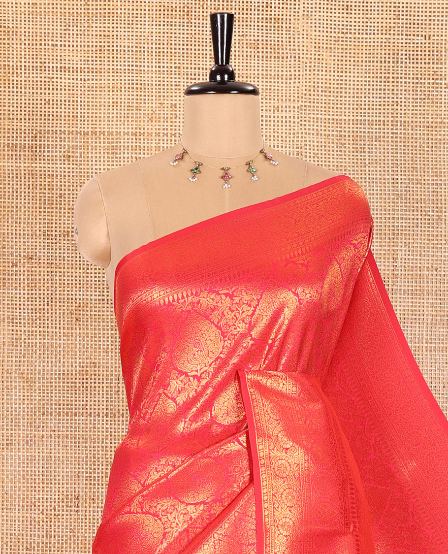 Rani Pink Kanchi Tissue Saree Enriched with Floral and Thilakam Jacquard Designs, Highlighted with Traditional Zari Design Border, Gleaming Copper Zari Woven Pallu, and Paired with a Matching Blouse