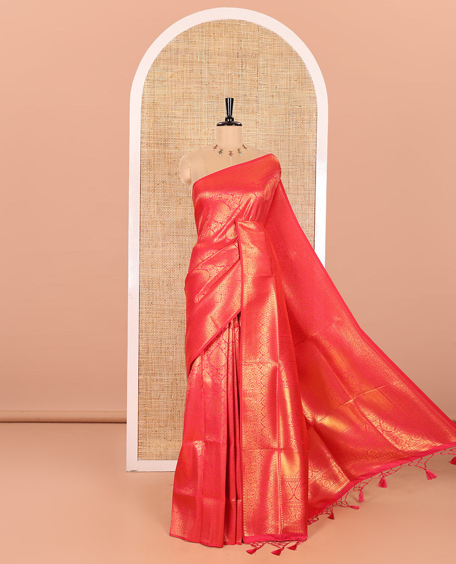 Rani Pink Kanchi Tissue Saree Enriched with Floral and Thilakam Jacquard Designs, Highlighted with Traditional Zari Design Border, Gleaming Copper Zari Woven Pallu, and Paired with a Matching Blouse