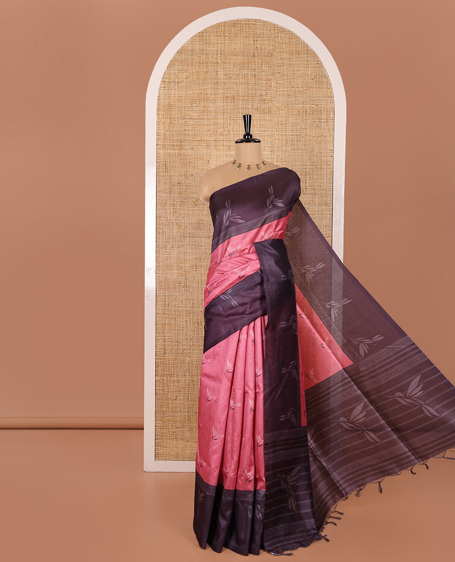 Pink Semi-Tussar Saree Beautified with Bird Motifs Printed All Over Its Body, Complemented by a Contrast Border of Bird Motifs, Pallu Mirrors the Same Bird Print, and Paired with a Contrast Blouse