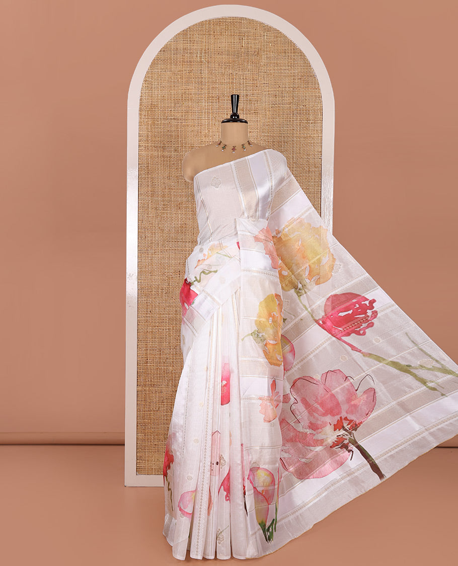 Borderless White-Base Semi-Dupion Saree Embellished with Abstract-Style Floral Prints and Zari Designs Woven All Over Its Body and Pallu, Paired with a Captivating Contrast Floral Buttas Yellow Blouse