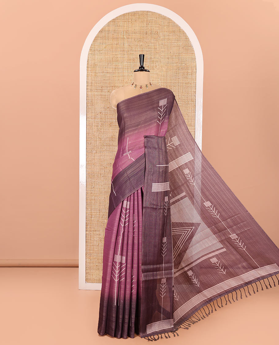 Pink Tissue Saree, Detailed with Horizontal Stripes and Unique Motifs Printed All Over Its Body, Complemented by Contrast Printed Border, Pallu Depicts Geometric Patterns, and Paired with a Contrast Geometric Printed Blouse