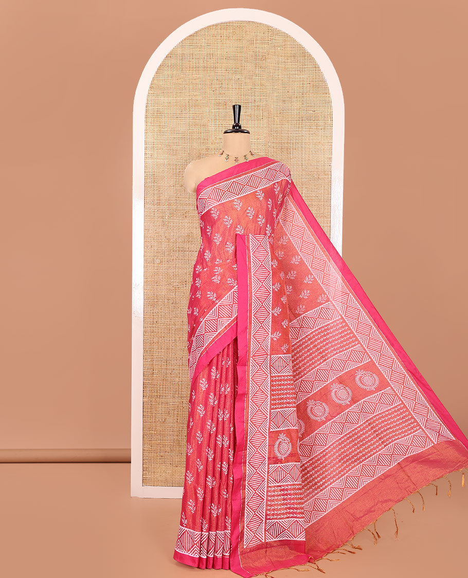 Pink Khadi Tissue Saree, Adorned with Leaf Buttas All Over Its Body, Highlighted by Geometric Patterned Border, Pallu Depicts Geometric Prints, and Paired with a Matching Blouse