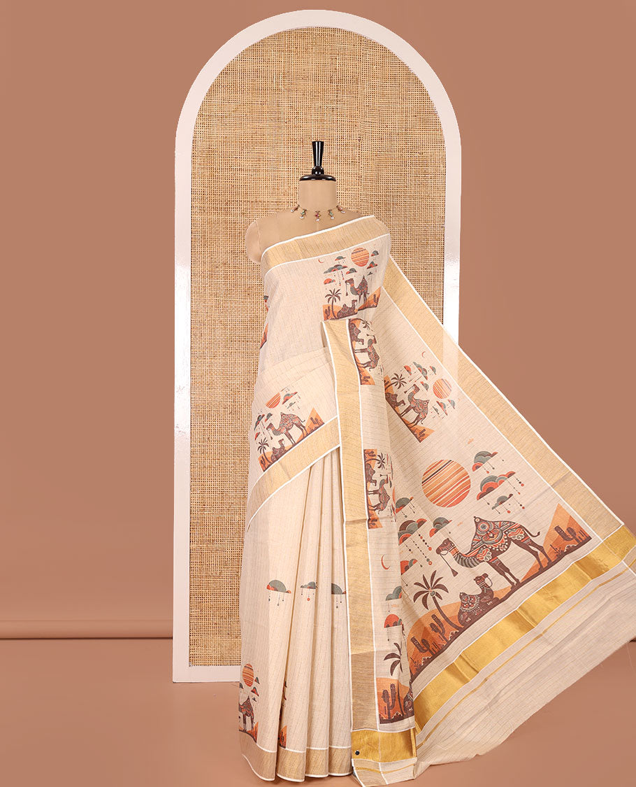 Light Gold Kerala Tissue Saree, Elevated with Desert-Themed Camel Motifs Printed on Its Body, Highlighted by a Zari Border, Desert-Theme Printed Pallu, and Paired with a Matching Blouse