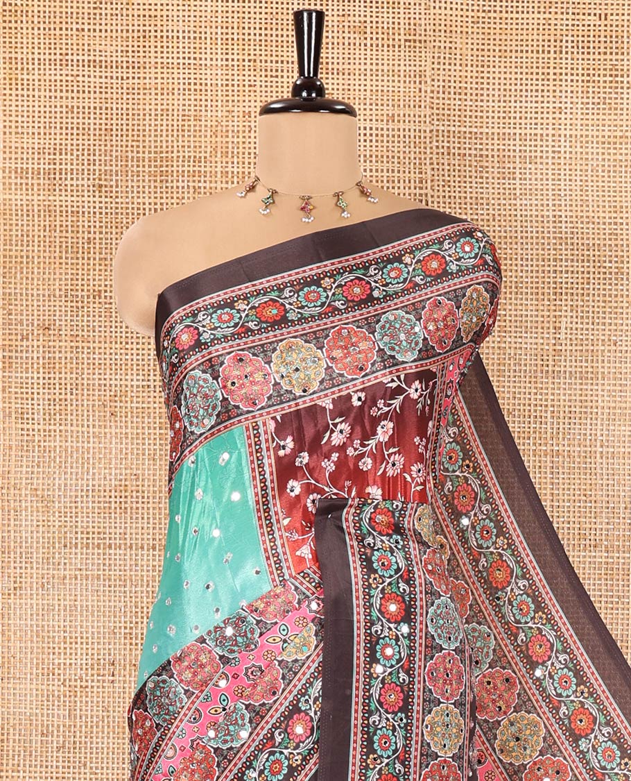 Black-Red Masakali Saree, Embellished with Kaleidoscopic-Colored Floral-Geometric Mughal-Themed Motifs Print, and Mirror Work All Over Its Body, Printed Border, Intricately Printed Mirror Work Pallu, and Paired with a Matching Blouse