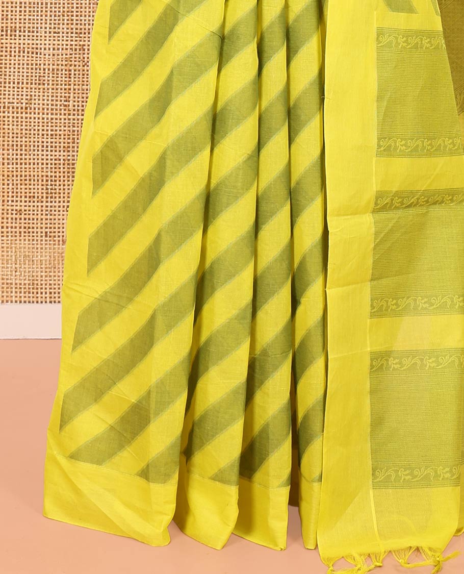 Yellow and Green Coimbatore Cotton Saree, Subtly Sparkled with Stripes on Its Body, Plain Border, Sparsely Sparkled Pallu of Floral Creeper Designs, and Paired with a Matching Blouse