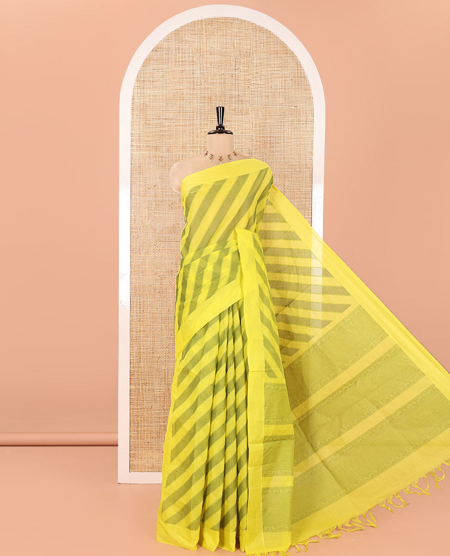Yellow and Green Coimbatore Cotton Saree, Subtly Sparkled with Stripes on Its Body, Plain Border, Sparsely Sparkled Pallu of Floral Creeper Designs, and Paired with a Matching Blouse
