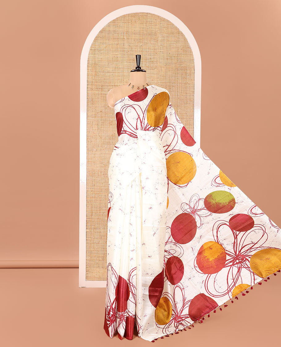 Borderless Cream and Maroon Khadi Cotton Saree, Embellished with Big Circles Motifs, Floral Motifs, and Batik Print on Its Body, Self-Printed Pallu, and Paired with a Matching Printed Blouse