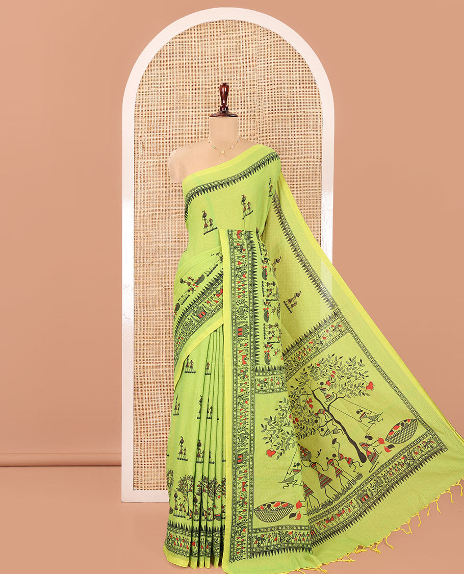 Green Khadi Mul Cotton Saree, Artfully Printed with Warli Motifs All Over Its Body, Highlighted by a Self-Border of Warli Print, Pallu of Warli Print, and Paired with a Matching Blouse