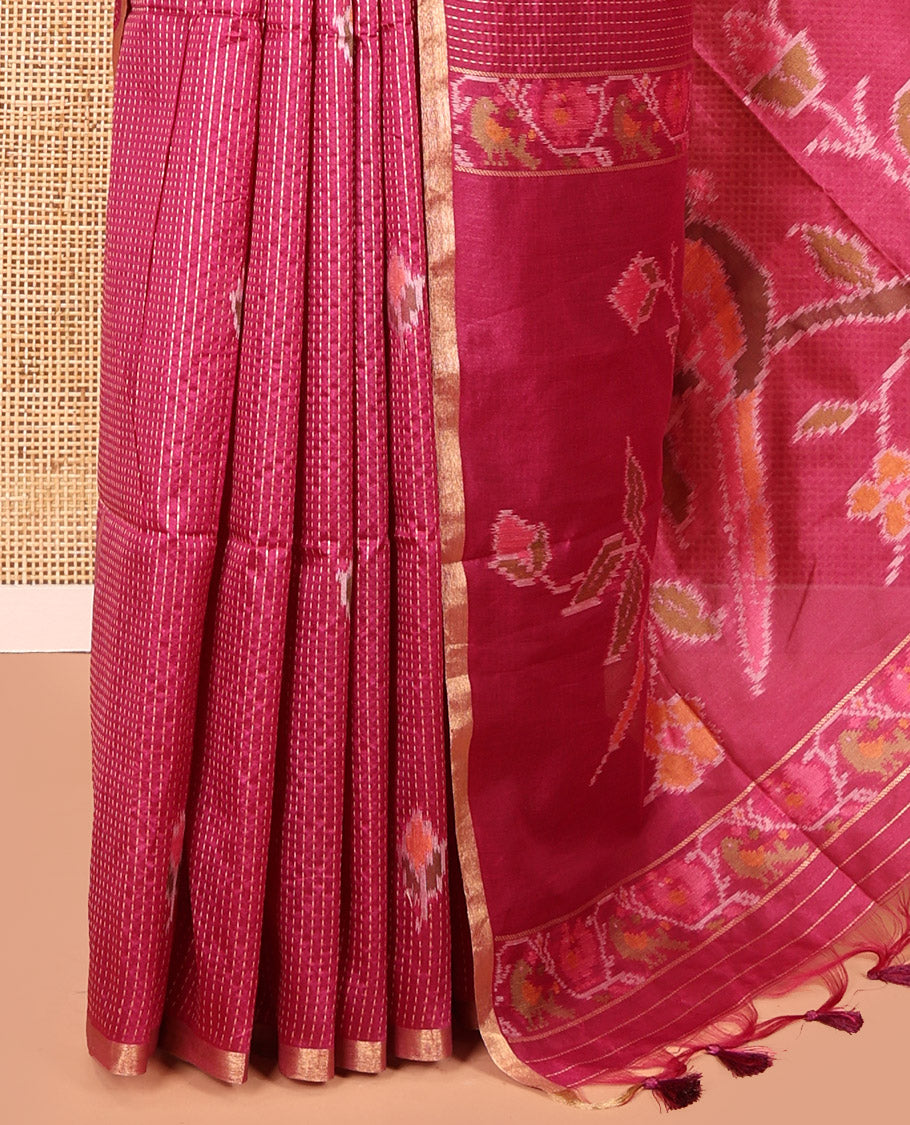 Wine Art Tussar Saree, Decked up with Dotted-Kantha-Style Stripes and Ikkat Buttas on Its Body, a Subtle Piping Border, Pallu of Ikkat Floral and Macaw Parrot Designs, and Paired with a Matching Blouse